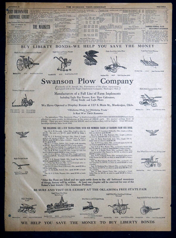 1918 Muskogee Oklahoma Newspaper Page – Large Swanson Farm Plow Company Ad
