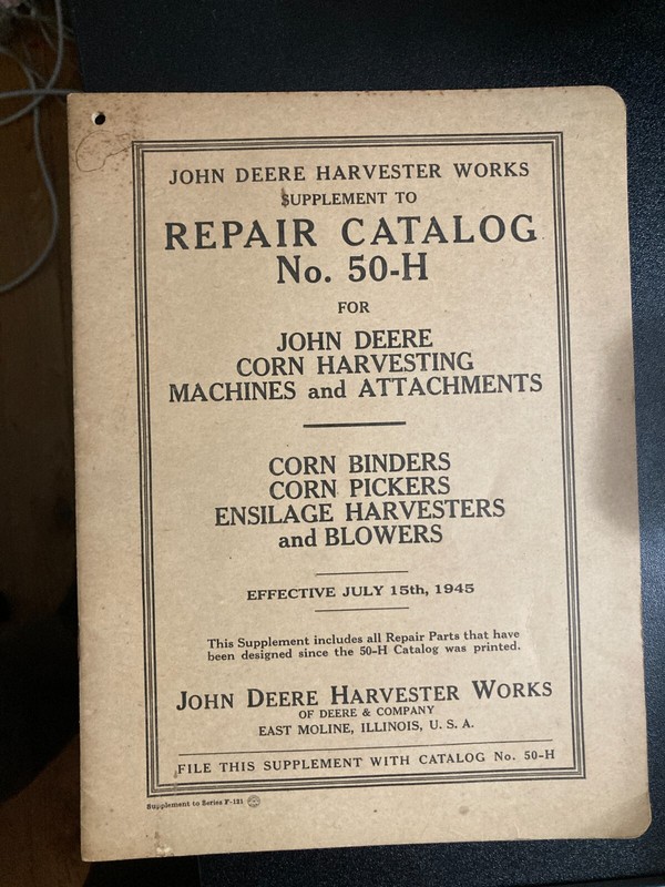 John Deere Harvester Works Repair Catalog 50-H (Original) 1945