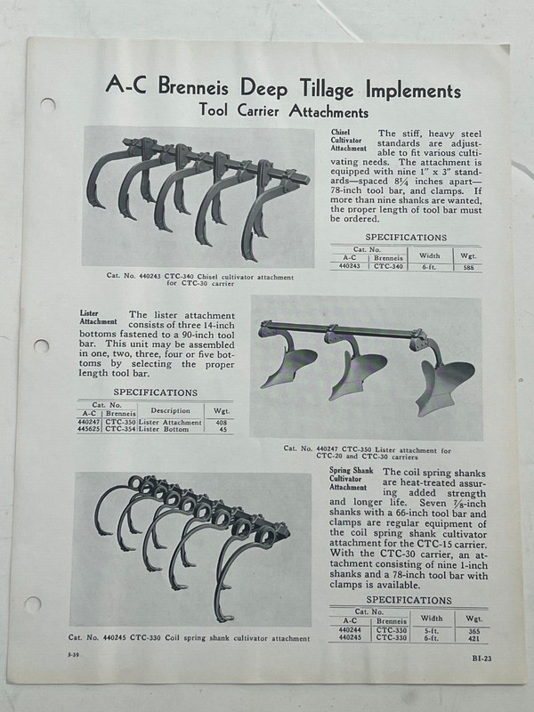 Lot of 5 A-C Brenneis Deep Tillage Implements Single Sheet Sales Brochures #3