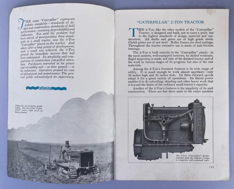 CATERPILLAR TRACTOR antique 1920's 2 TON TRACK ENGINE sale brochure booklet gallery
