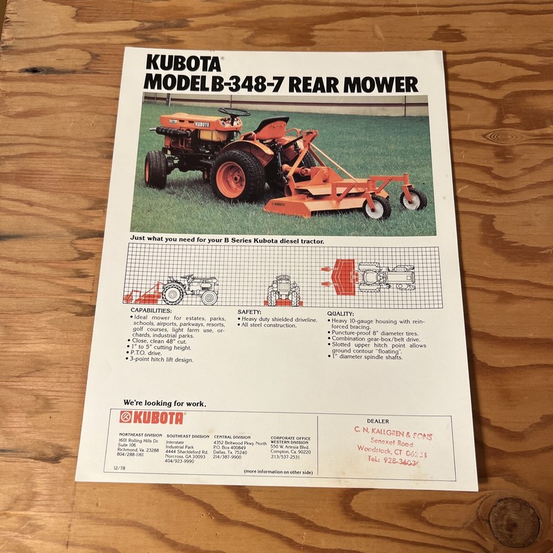 Kubota model B-348-7 rear mower brochure