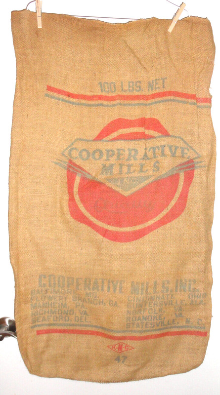 COOPERATIVE MILLS CO-OP BURLAP BAG abt 40 x 22 1/2 in Good Graphics hole on back