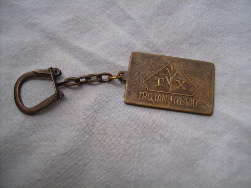 Vintage Trojan Hybrids Seed Corn Brass Advertising Key Chain