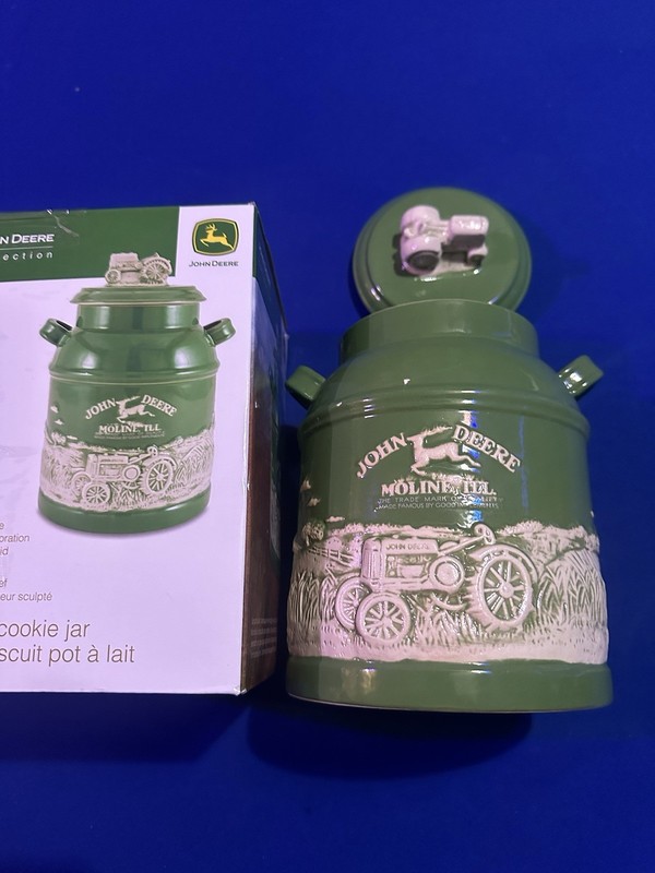 John Deere Milk Stoneware Vintage Tractor Cookie Jar (2 Chipped Spots & Sm Crack