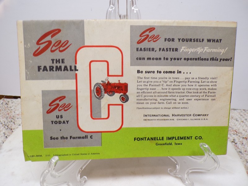 The Farmall C Tractor IH Color Foldout Mailing Brochure A-180-MM Greenfield IA