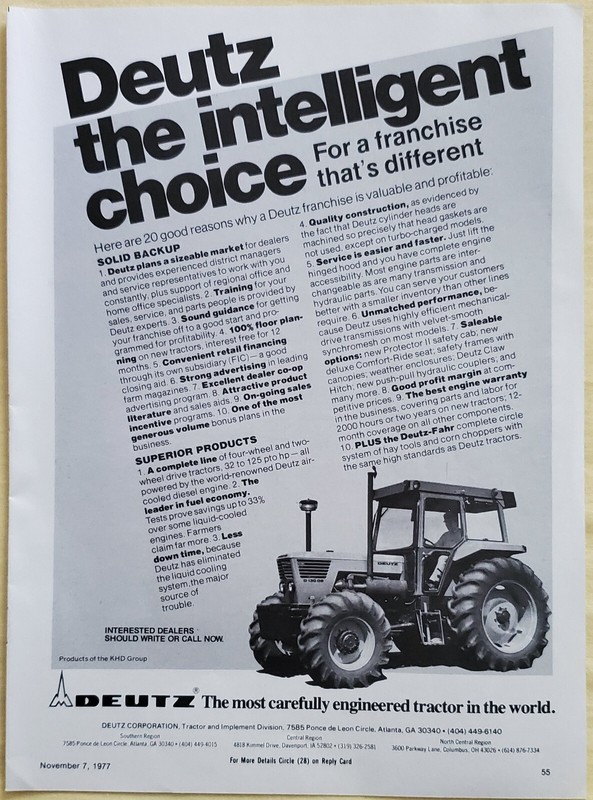 1977 Deutz Tractor Dealership Information Print Advertisement