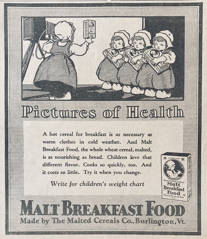 1928 AD.(XH40)~MALTED CEREALS CO. BURLINGTON, VERMONT. MALT BREAKFAST FOOD