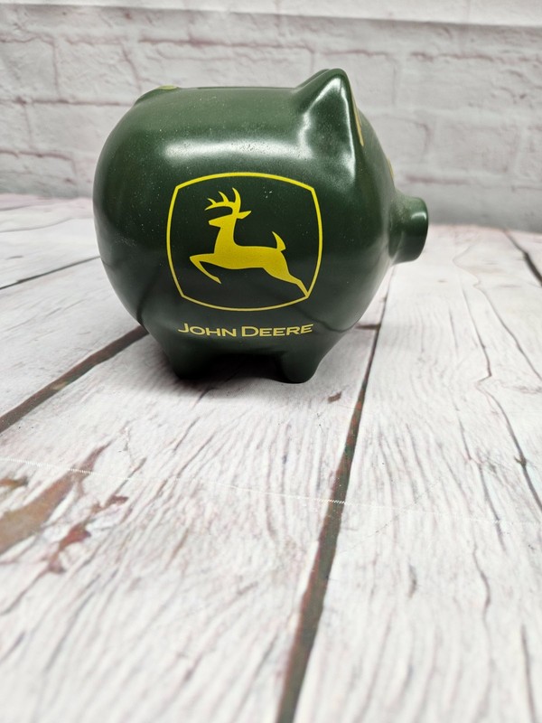 John Deere Ceramic Piggy Bank Stoneware Smiling Pig Green Yellow Authentic Logo