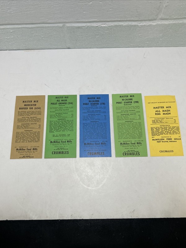 1950’s Master Mix Chicken Feed Bag Labels Lot Of 5