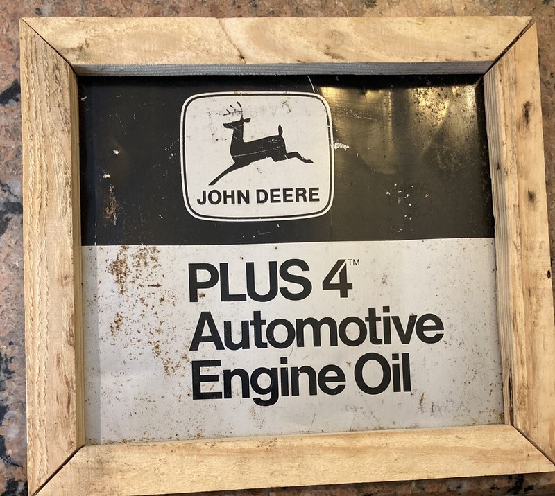 Vintage Original John Deere Metal Made Sign Wood Frame 13 3/8in. x 12in.