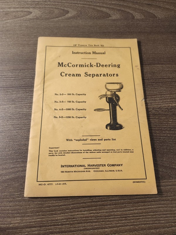 Old 1940’s IHC McCormick-Deering Cream Separator 2-S 3-S 4-S 5-S Owners Manual