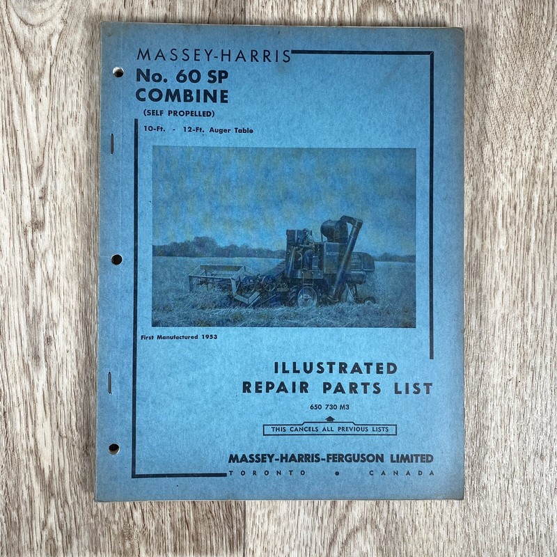 Massey-Harris No 60 SP Combine Illustrated Repair Parts List Self Propelled