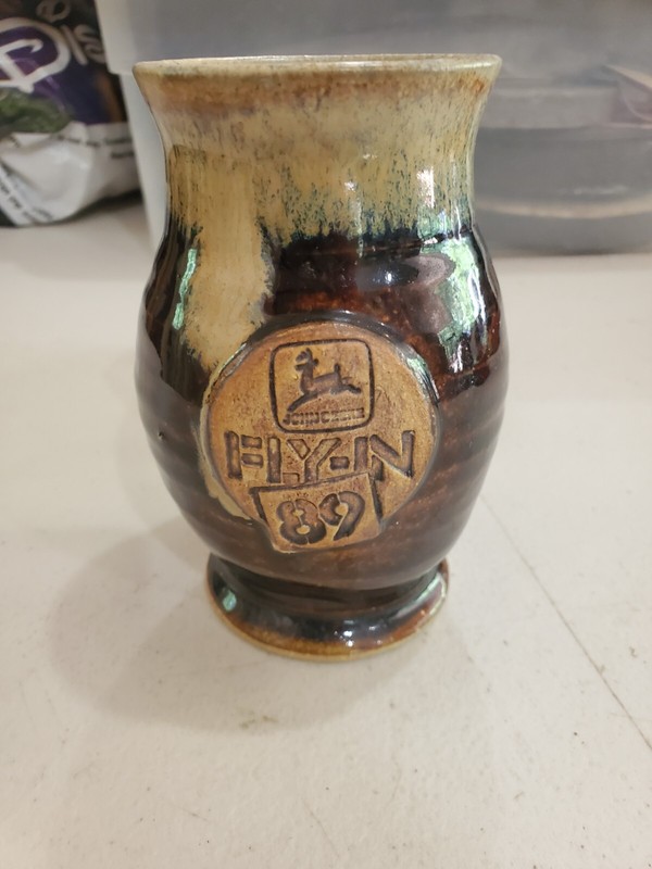 Handmade Signed Glossy Brown Glazed Pottery John Deere Fly-in 89 Coffee Mug