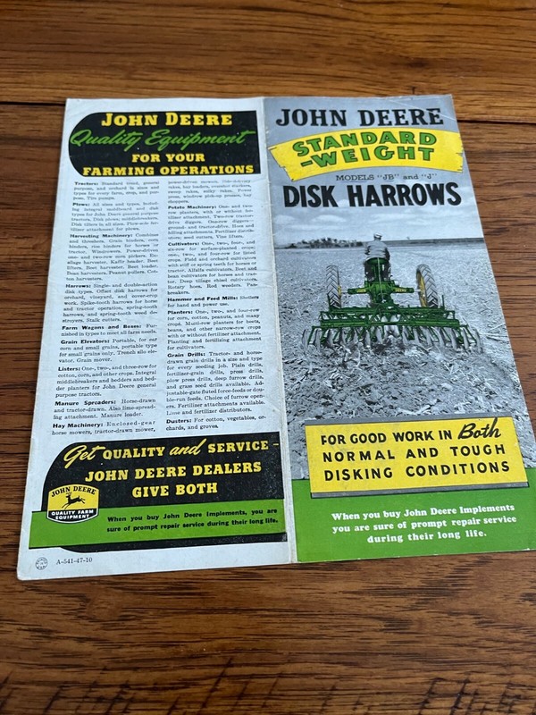 John Deere JB & J Disk Harrow For 1947 Brochure FCCA