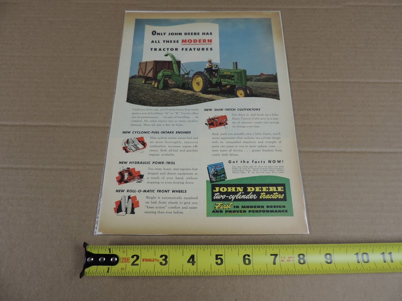 vintage 1940’s John Deere tractor A B AD MAGAZINE advertisement 2-cylinder farm