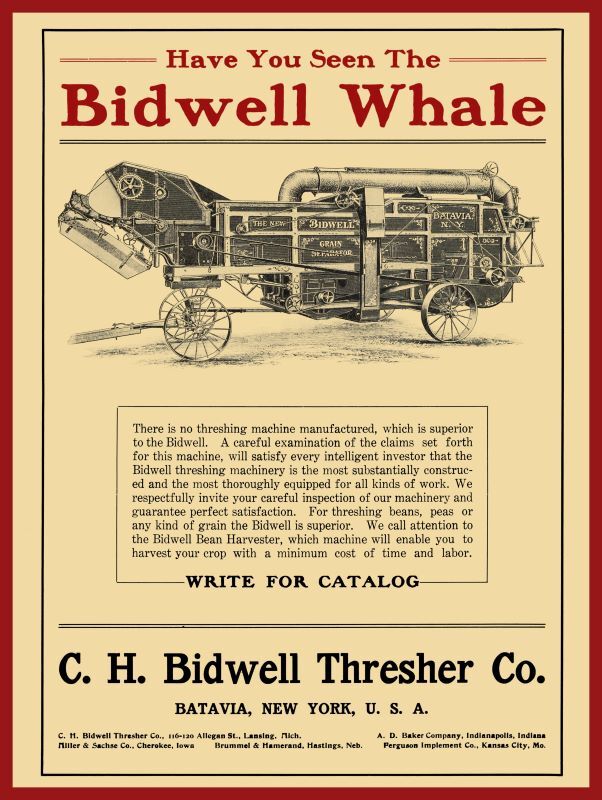1906 C.H. Bidwell Thresher Co. NEW Metal Sign: Bidwell Whale – Batavia, New York