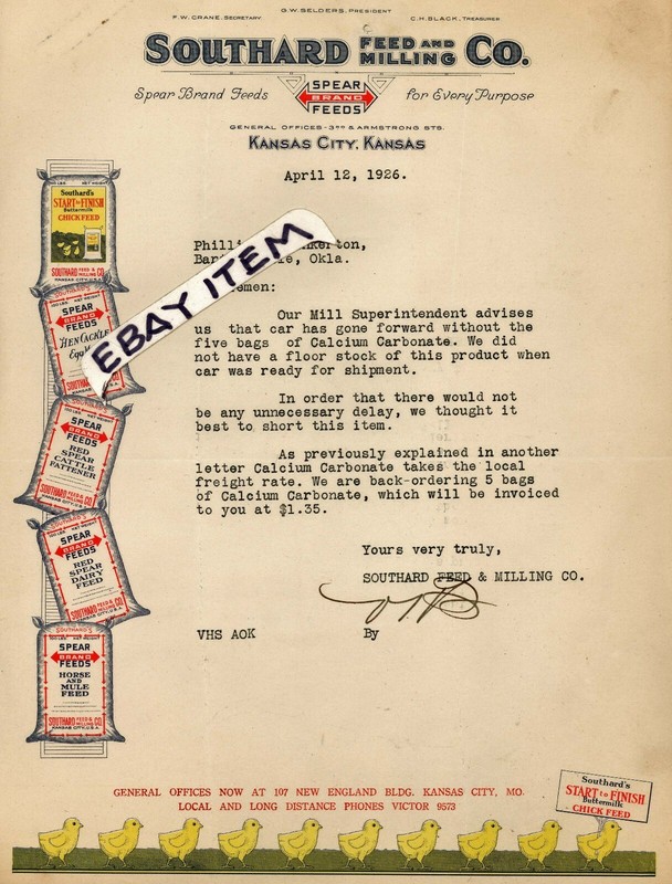 1926 GW SELDERS letterhead SOUTHARD FEED & MILLING COMPANY F W Crane KANSAS CITY
