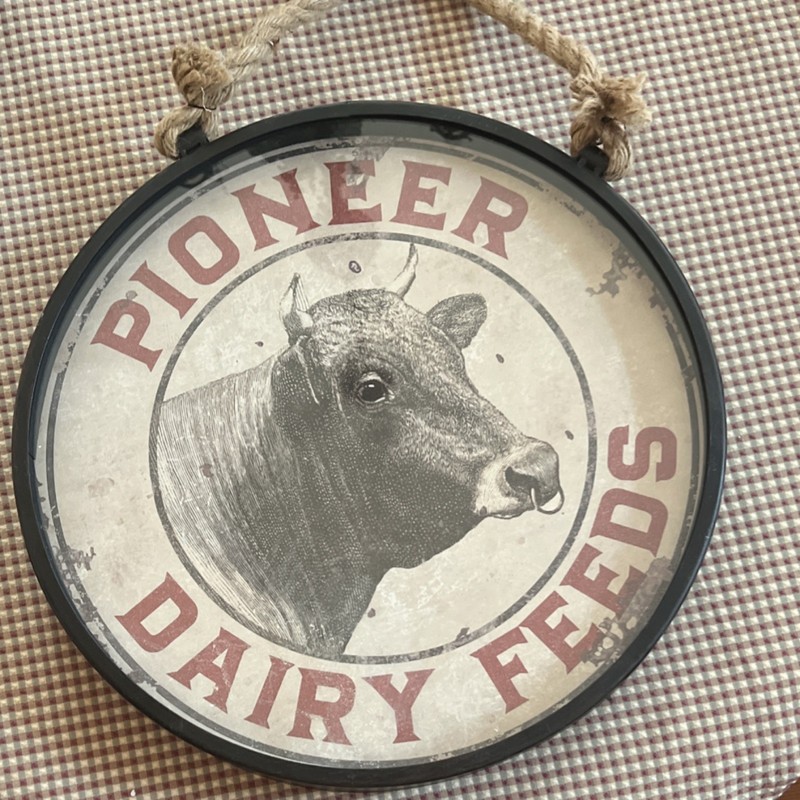 Pioneer Dairy Feeds Advertising Sign Cow Graphic Round Black White Red