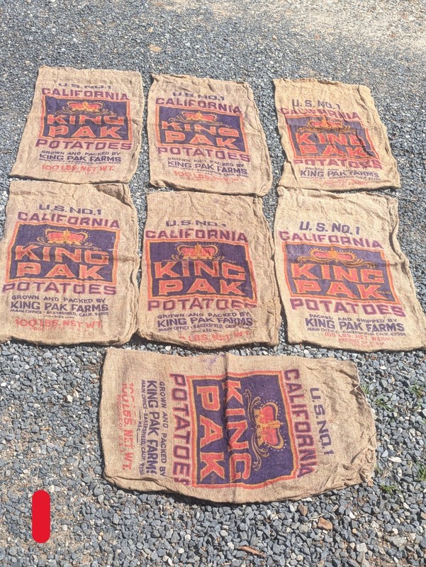 Vintage King Pak Potato Burlap Sacks California 100lb Set of 7 Farm Bags (436)