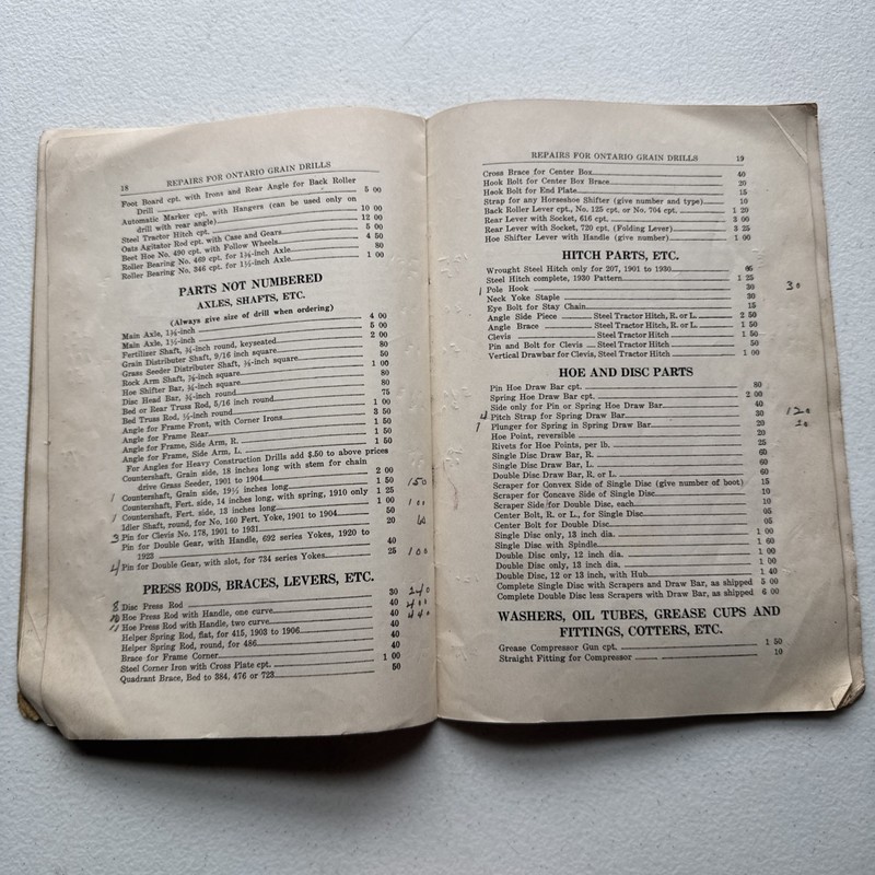 Ontario Drill Co. No. 39 Grain Drills Price List Of Repairs East Rochester, NY gallery