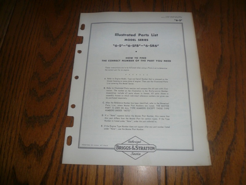 Briggs Stratton Illustrated Parts List Model 6-S 6-SFB 6-SR6