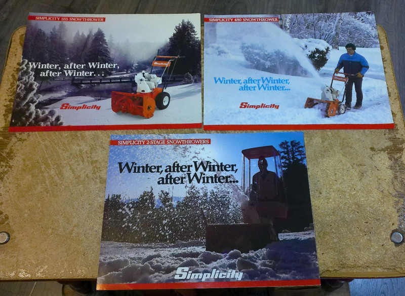 3-lot 1987 simplicity snowblower single sheet brochures nice used