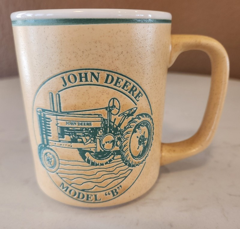 John Deere Model B Tractor Coffee Mug Embossed Beige Green VTG