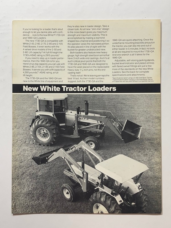 Vintage 1978 – White Tractor Loaders Sales Brochure *Showroom Sales Sheet*