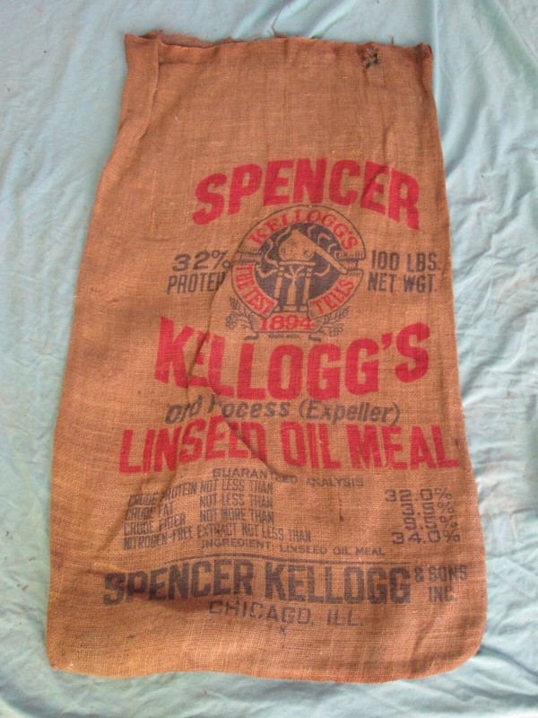 Vintage Spencer Kellogg’s Linseed Oil Meal Grain Feed Burlap Sack Bag 33×18″ #45