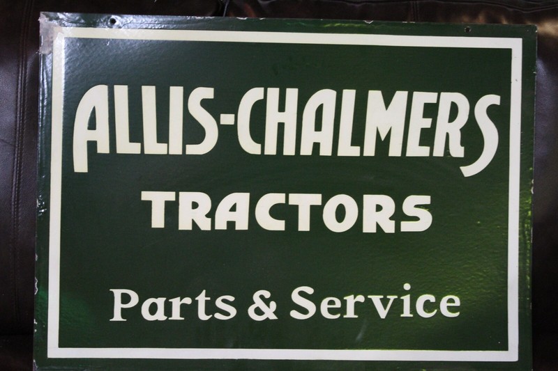 RARE 1920s ALLIS CHALMERS TRACTORS SERVICE 2 SIDED PORCELAIN METAL DEALER SIGN