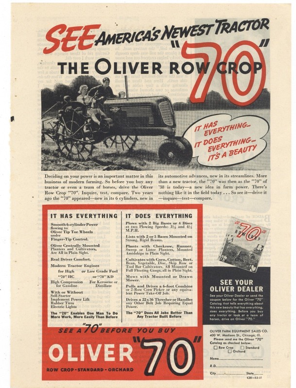 1931 Oliver Tractor Ad: Model 70 Row Crop Introduction – Features Listed