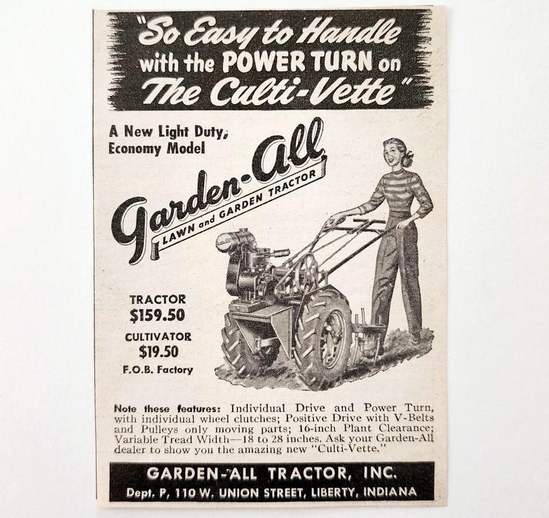 1949 Garden All Lawn Tractor Culti-Vette Advertisement Vintage Agriculture E8Q