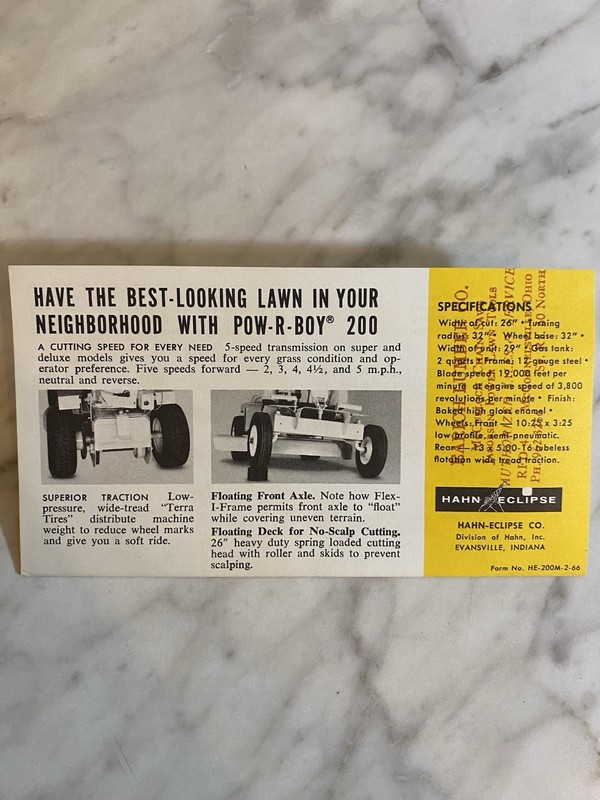 Vintage 1966 Hahn-Eclipse Pow-R-Boy 200 Riding Mower Advertising Brochure Yellow gallery