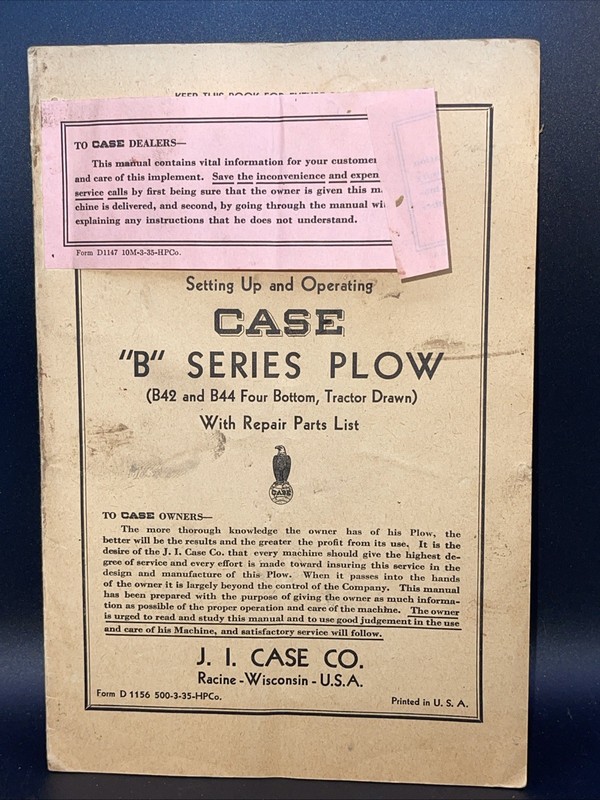 Vintage JI Case B Series Plow B42 B44 Manual Repair Parts List Dealer Insert