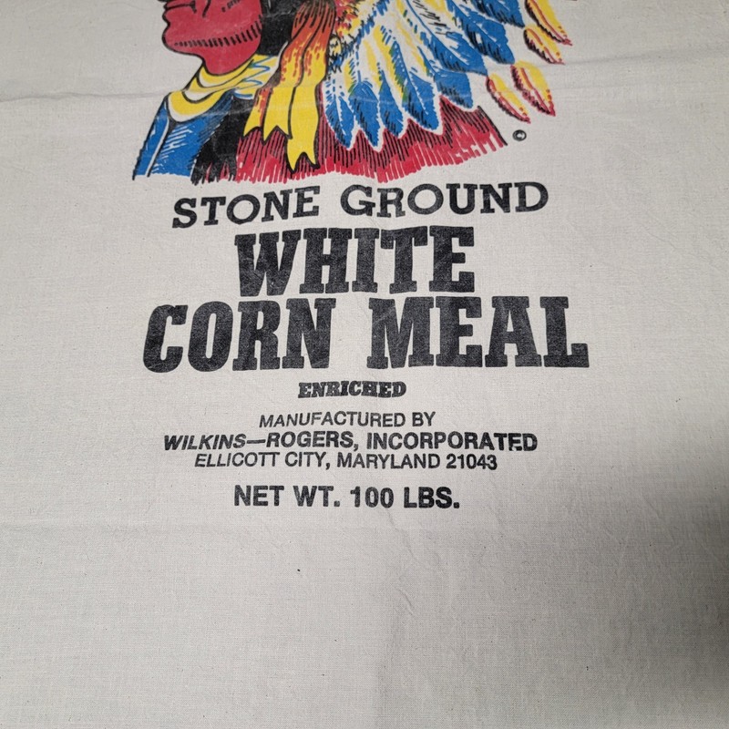 Vtg Rare Indian Head Stone Ground White Corn Meal Sack Bag Fabric 100lbs 36x20in gallery