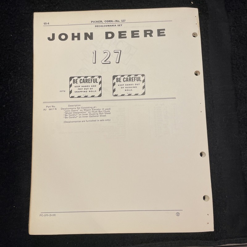Rare 1959 Original OEM John Deere 127 Series Corn Picker Parts Catalog PC-370 gallery