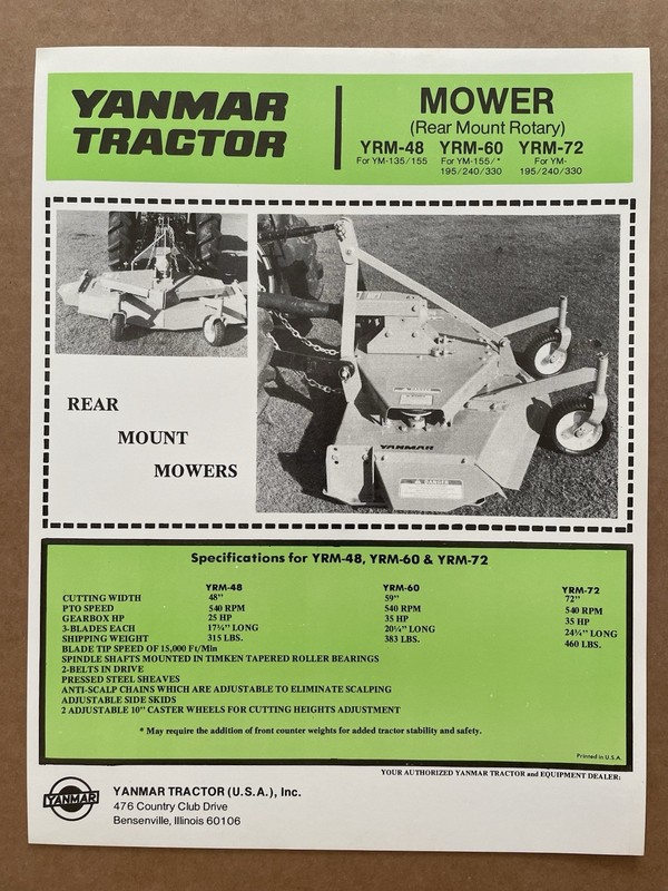 Vintage YANMAR TRACTOR Cut-Out Brochure MOWER Rear Mount Rotary YRM-45 uncut #23