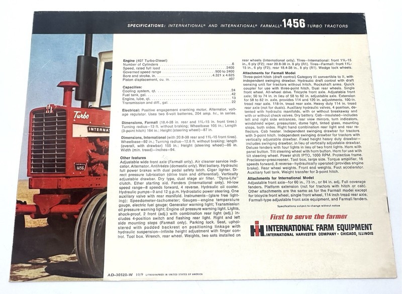 International 1456 Turbo Tractors Brochure Manual Farmall IH gallery
