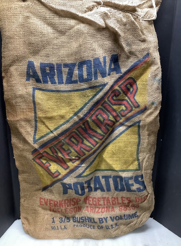 Vintage ARIZONA EVERKRISP POTATOES Burlap Sack Bag Great Display 23” X 38” PT1