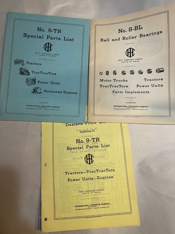 LOT (3) 1940’s PARTS PRICE LIST CATALOG IH DEALER 8-BL 9-TR tractor B2