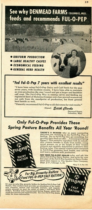 1948 Print Ad of Quaker Oats Co Ful-O-Pep Dairy & Calf Ration Denmead Farm