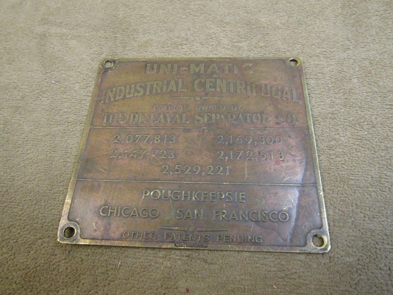 VINTAGE DE LAVAL UNI-MATIC INDUSTRIAL CENTRIFUGAL SEPARATOR BRASS ID PLAQUE PLAT