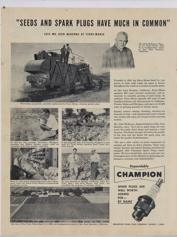 1952 Champion Spark Plugs Ad: Ferry Morse Seed HQ – San Juan Bautista California