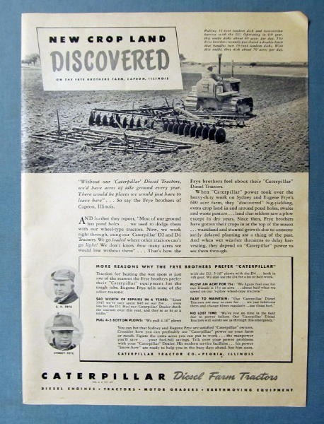 1951 Caterpillar D2 & D4 Ad featuring E H Frye and Syndey Frye Capron ILL