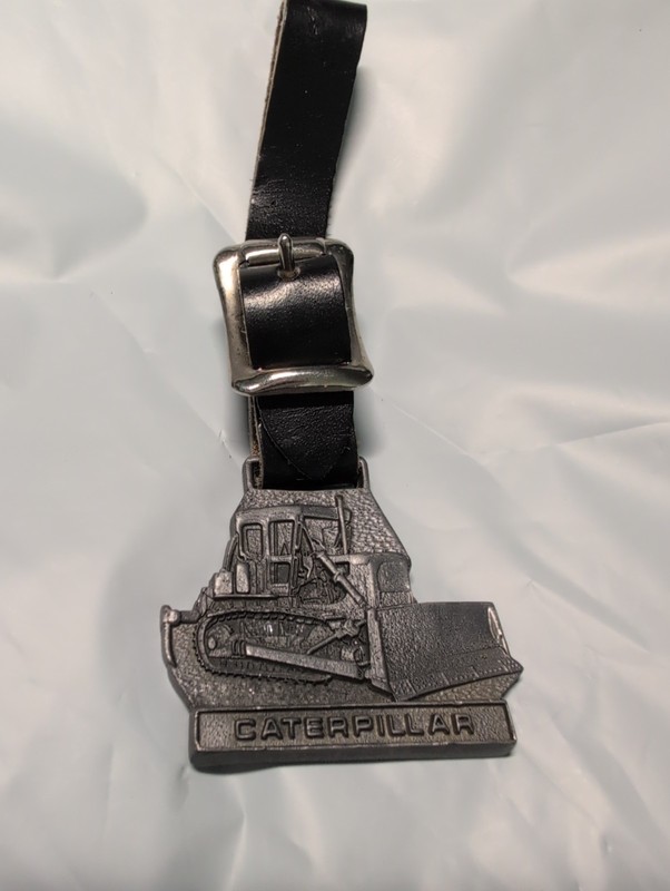 1034 Vtg Caterpillar Crawler Bulldozer Pocket Watch Fob Leather Strap