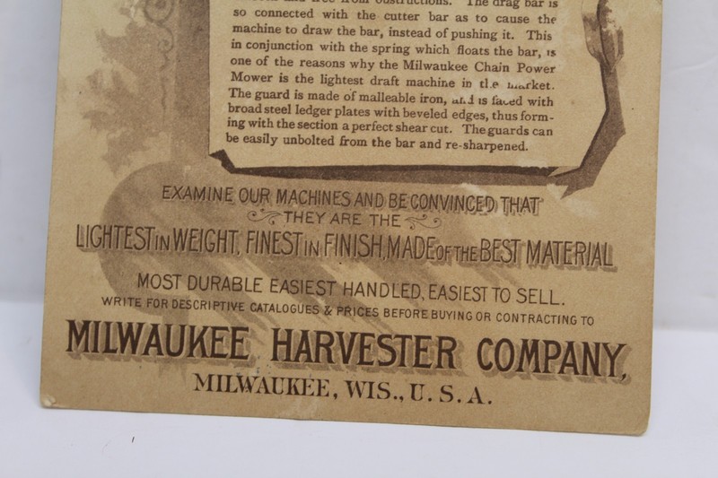 1890s Milwaukee Harvester Co. Farm Implements Ad Trade Card Mifflinburg Pa gallery