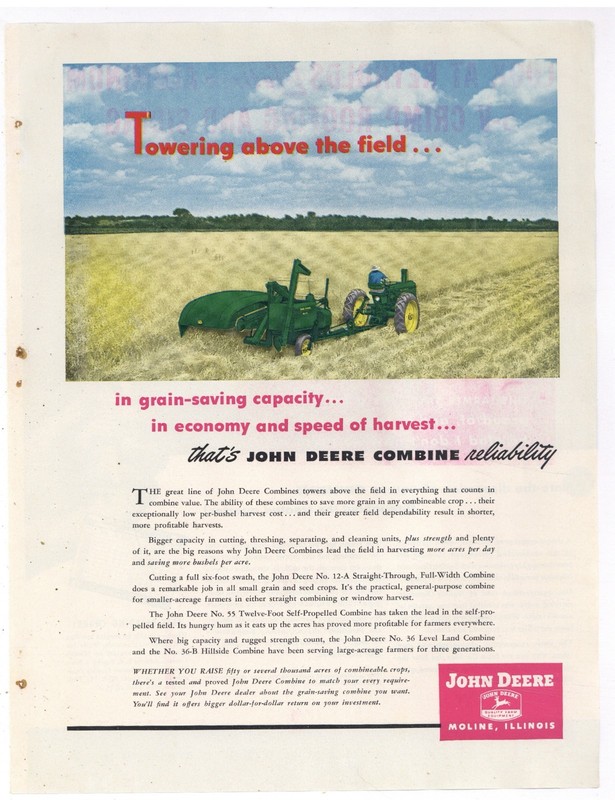 1949 John Deere Ad: No. 12-A Straight Through Full Width Combine & No. 55 SP