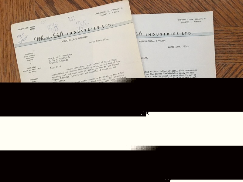 WheatBelt Industries Farm Machinery Letters Receipt 1954 Kelowna BC Cattle Ranch