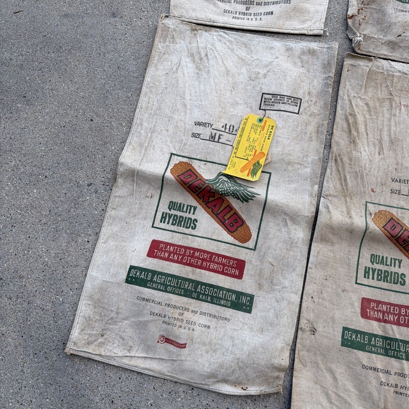 Set of 6 Dekalb Seed Hybrid Corn Lined Waterproof Bags 1940s W/Tags Seed Sack gallery