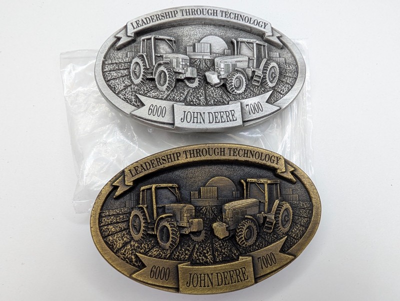 x2 LOT Vtg 1992 John Deere Brass Pewter Belt Buckles 6000 7000 Tractor Waterloo